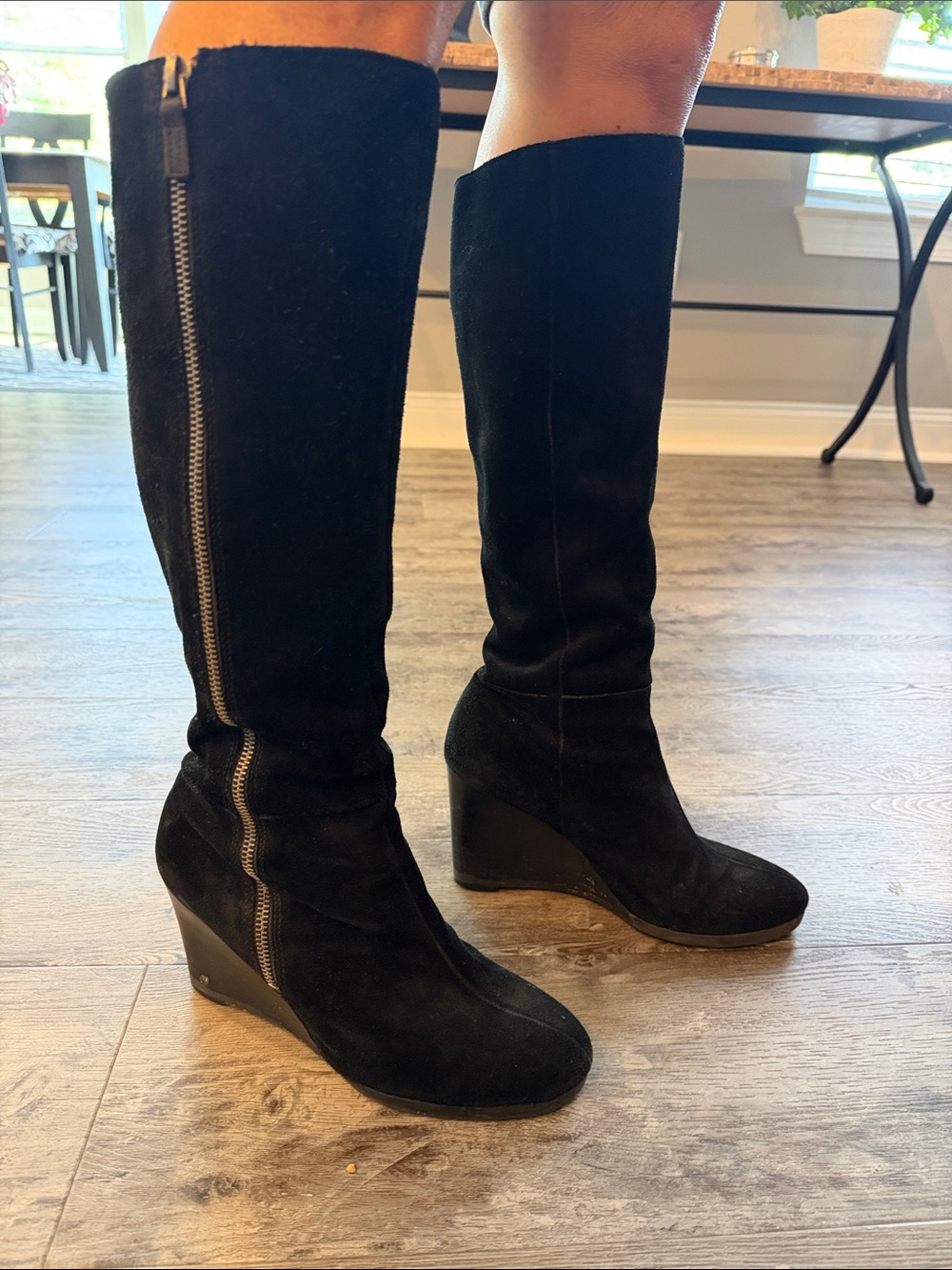 Franco Sarto Black Suede Knee-High Wedge Boots